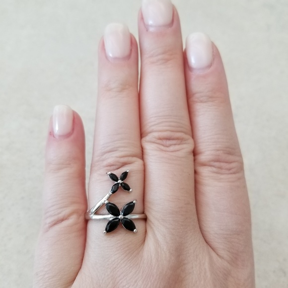 Sterling Silver Black Spinel Flower Ring - Picture 7 of 8